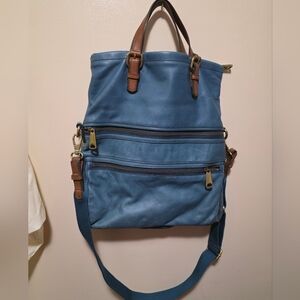 Vintage Teal Blue Fossil Fold Over Messenger Bag